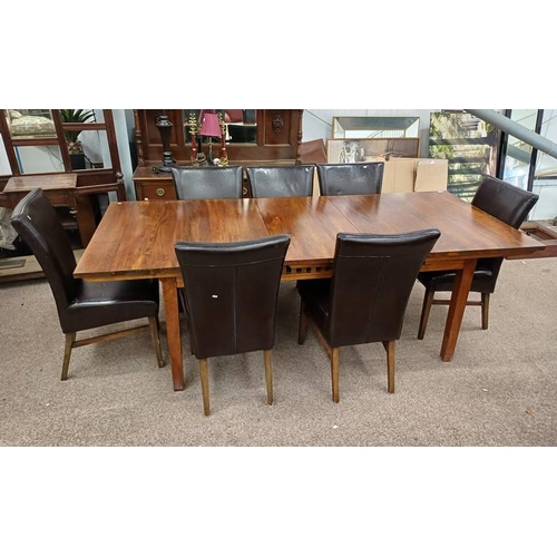 5513 - HARDWOOD RECTANGULAR DINING TABLE WITH EXTRA LEAF & SET OF 7 DINING CHAIRS .  TABLE 230 CM