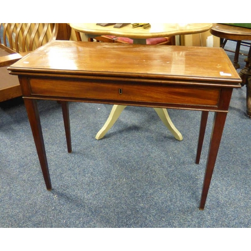 5518 - LATE 19TH CENTURY INLAID MAHOGANY TEA TABLE WITH FOLD -OVER TOP ON SQUARE TAPERED SUPPORTS.