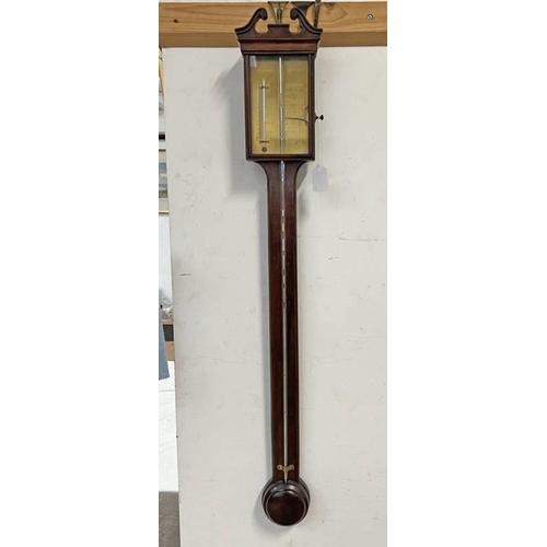 5520 - 19TH CENTURY STYLE MAHOGANY STICK BAROMETER BY THOMAS WRIGHT, BRASS FACE WITH SWAN NECK, 97CM LONG