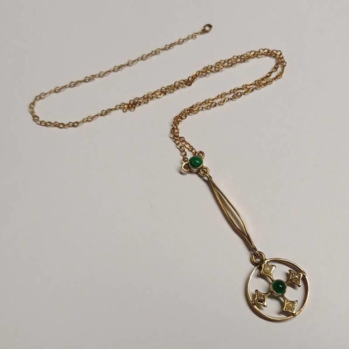 63 - EARLY 20TH CENTURY 9CT GOLD PENDANT SET WITH CHRYSOPRASE & SEED PEARLS ON A 9CT GOLD CHAIN - 2.1 G