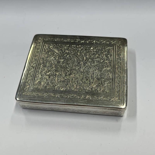 683 - EGYPTIAN SILVER BOX WITH ENGRAVED DECORATION WITH MARK TO INTERIOR - 9CM LONG, 120G