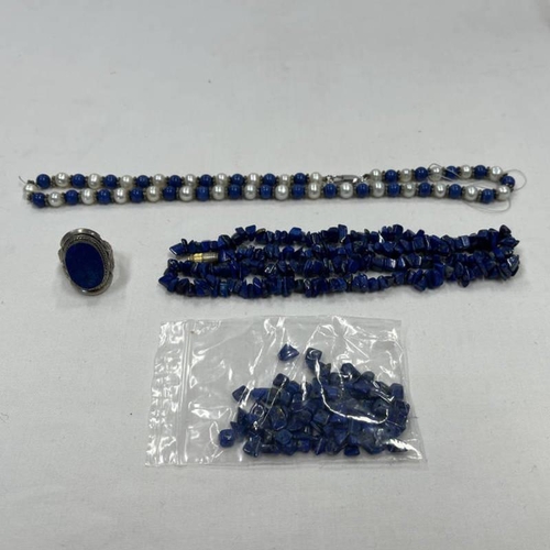 687 - CULTURED PEARL & LAPIS LAZULI BEAD NECKLACE, POLISHED LAPIS NECKLACE & 925 SILVER LAPIS RING