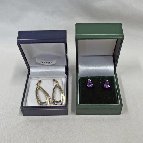 694 - PAIR OF GOLD HOOP EARRINGS - 2.6G & PAIR OF 9CT GOLD AMETHYST & DIAMOND EARSTUDS