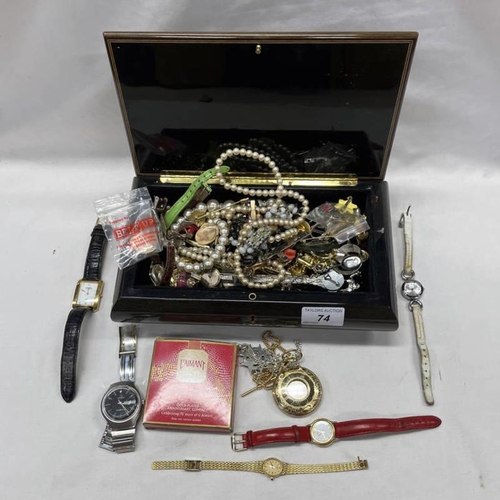 74 - MUSICAL JEWELLERY BOX & CONTENTS OF WRISTWATCHES, NECKLACES, BROOCHES
