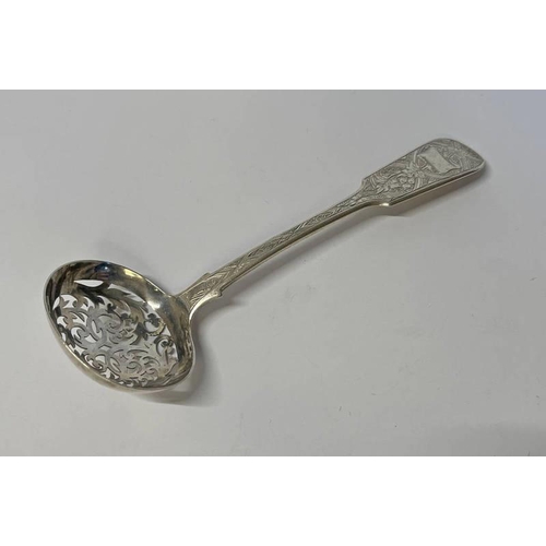 78 - VICTORIAN SILVER FIDDLE PATTERN SIFTER LADLE WITH ENGRAVED DECORATION BY GEORGE WHITE, BIRMINGHAM 18... 