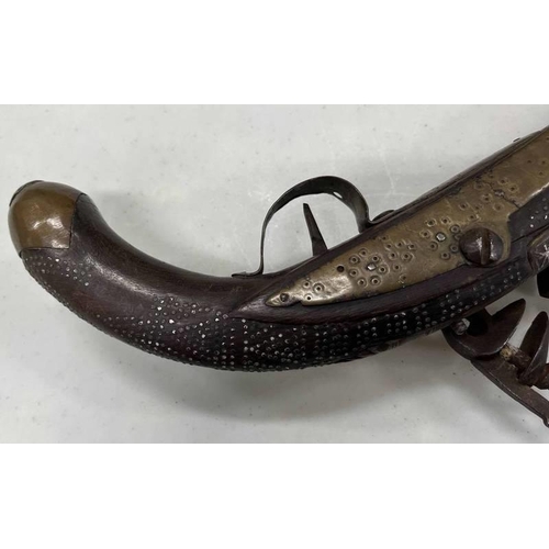 1135 - 19TH CENTURY 38 BORE INDIAN FLINTLOCK HOLSTER PISTOL WITH 27.3CM HEAVY OCTAGONAL BARREL WITH SILVER ... 