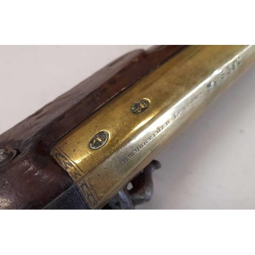 1222 - BRASS BARRELLED FLINTLOCK BLUNDERBUSS BY MORTIMER, 13.75'' BARREL, FLARED MUZZLE, ENGRAVED H W MORTI... 