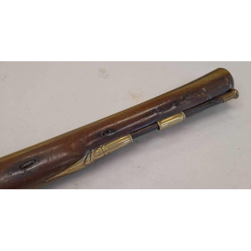 1222 - BRASS BARRELLED FLINTLOCK BLUNDERBUSS BY MORTIMER, 13.75'' BARREL, FLARED MUZZLE, ENGRAVED H W MORTI... 