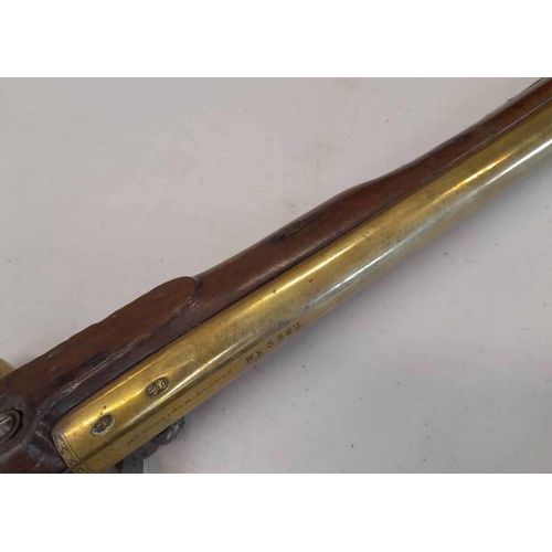 1222 - BRASS BARRELLED FLINTLOCK BLUNDERBUSS BY MORTIMER, 13.75'' BARREL, FLARED MUZZLE, ENGRAVED H W MORTI... 