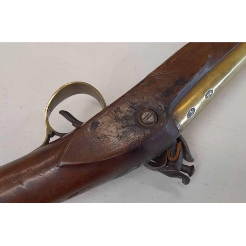 1222 - BRASS BARRELLED FLINTLOCK BLUNDERBUSS BY MORTIMER, 13.75'' BARREL, FLARED MUZZLE, ENGRAVED H W MORTI... 