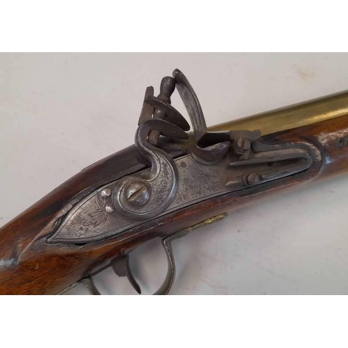 1234 - FLINTLOCK BLUNDERBUSS BY NOCK WITH A 31.5CM LONG BRASS BARREL MARKED 'SAFE WILKES LONDON', LOCK SIGN... 