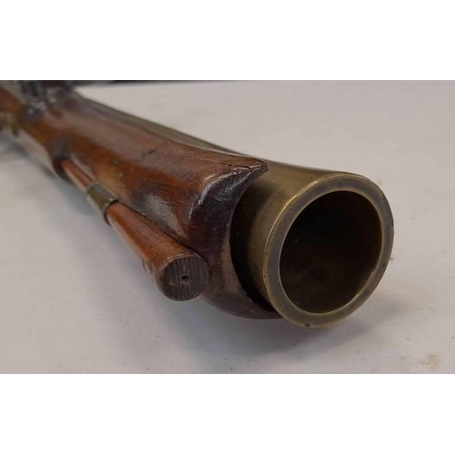 1234 - FLINTLOCK BLUNDERBUSS BY NOCK WITH A 31.5CM LONG BRASS BARREL MARKED 'SAFE WILKES LONDON', LOCK SIGN... 