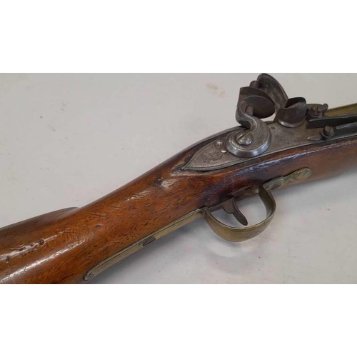 1234 - FLINTLOCK BLUNDERBUSS BY NOCK WITH A 31.5CM LONG BRASS BARREL MARKED 'SAFE WILKES LONDON', LOCK SIGN... 