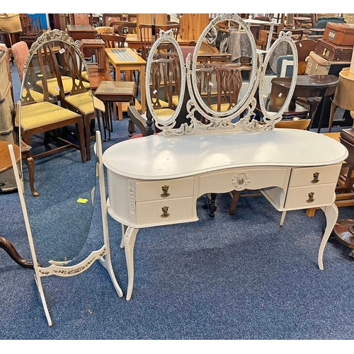 100 - PAINTED DRESSING TABLE WITH TRIPTYCH MIRROR & 5 DRAWERS ON SHAPED SUPPORTS & MATCHING CHEVAL MIRROR