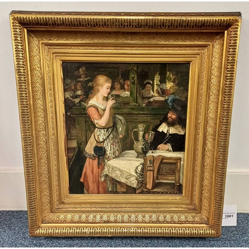 1001 - VICTOR LAGYE,  INTERIOR SCENE OF AN INN SIGNED GILT FRAMED OIL PAINTING 35 X 31 CM