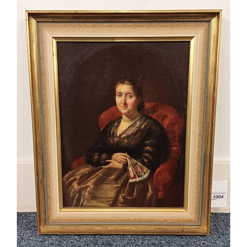 1004 - ATTRIBUTED TO MORITZ CALISCH,  PORTRAIT OF A LADY WITH FAN UNSIGNED GILT FRAMED OIL PAINTING 36 X 27... 