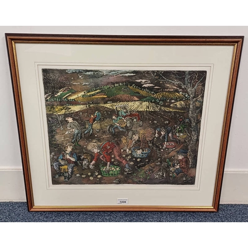 1006 - JOHN JOHNSTONE,  TATTIE HOWKERS,  SIGNED IN PENCIL,  FRAMED COLOURED ETCHING 38 X 50 CM