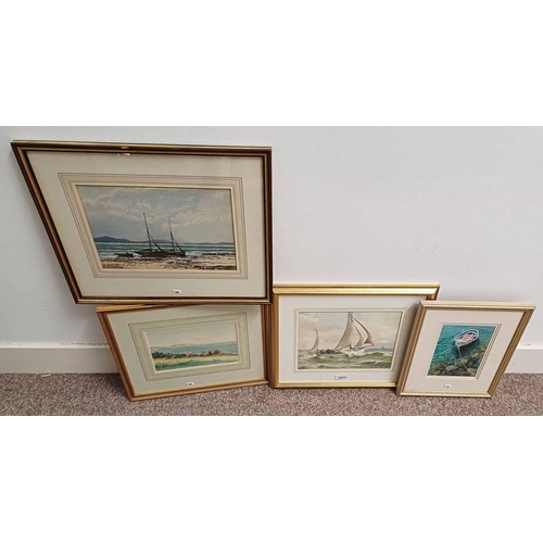 1007 - GILT FRAMED WATERCOLOUR OF A SAILING BOAT SIGNED E WILKES 23 X 39 CM, FRAMED WATERCOLOUR OF A ROW BO... 