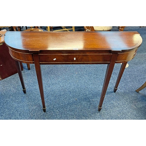 101 - INLAID MAHOGANY SIDE TABLE ON SQUARE TAPERED SUPPORTS.  122 CM LONG