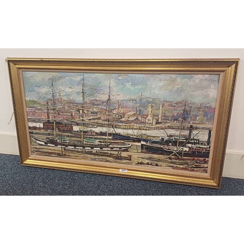 1017 - ROBIN MILLER,  'SHIPS ON THE CLYDE',  SIGNED,  GILT FRAMED OIL PAINTING,  40CM X 90 CM