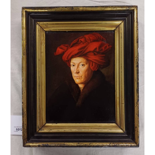 1019 - PORTRAIT OF A MAN IN A RED TURBAN UNSIGNED FRAMED OIL ON PANEL 29 X 22 CM