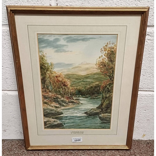 1020 - HAMILTON GLASS,  'A PERTHSHIRE RIVER',  SIGNED,  FRAMED WATERCOLOUR,  34 CM X 23.5 CM