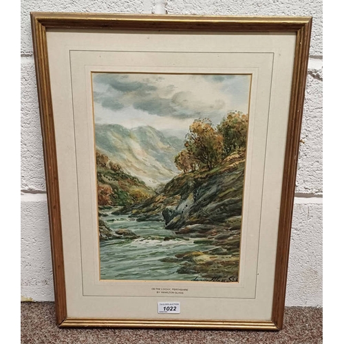 1022 - HAMILTON GLASS,  'ON THE LOCHY - PERTHSHIRE',  SIGNED,  FRAMED WATERCOLOUR,  34 CM X 23.5 CM