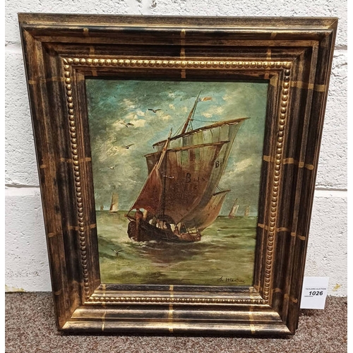 1026 - A MARTINE,  'SAILING BOATS AT SEA',  SIGNED,  GILT FRAMED OIL PAINTING,  34 CM X 25 CM