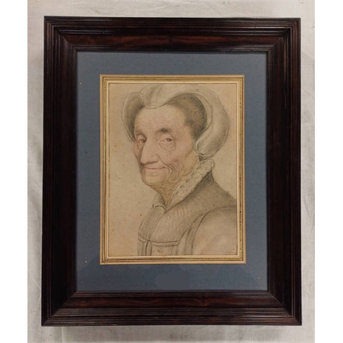 1027 - NICOLAS LAGNEAU (FRENCH, BORN CIRCA 1590-1666),  PORTRAIT OF AN ELDERLY LADY,  CHALK, WATERMARK ENCI... 