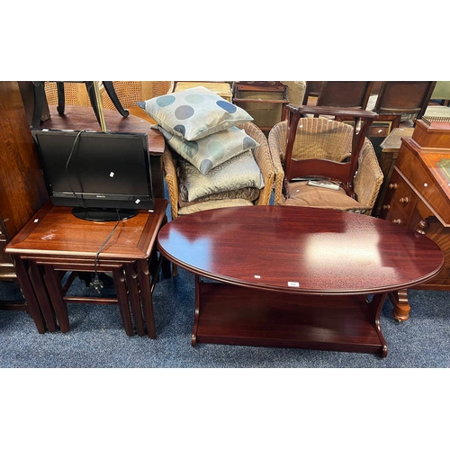 104 - MAHOGANY OVAL TOPPED COFFEE TABLE, NEST OF TABLES, PAIR OF WICKER CHAIRS ETC.