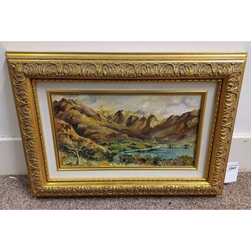 1041 - JAMES WHITELAW HAMILTON,  LOCH SCENE,  SIGNED GILT FRAMED OIL PAINTING 19 X 35 CM