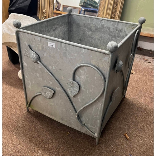 105 - ALUMINIUM PLANTER WITH THISTLE DECORATION . 55 CM TALL X 52 CM WIDE