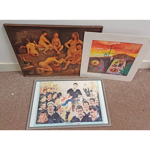 1050C - RONNIE BROWNE, UNDERDOGS RAMPANT, FRAMED PRINT, TOGETHER WITH OIL PAINTING OF BATH HOUSE SCENE, UNSI... 