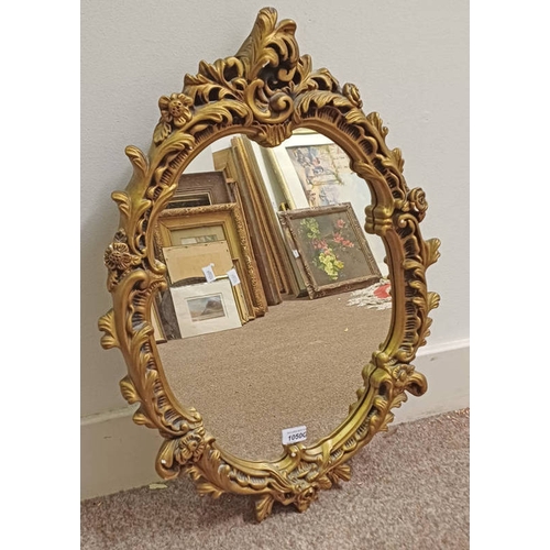 1050G - GILT WALL MIRROR WITH FLORAL DECORATION, APPROX 35 X 31 CM