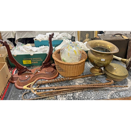 1215 - WALKING STICKS, BRASS WARMING PAN, WICKER BASKET, GLASS VASE, ETC