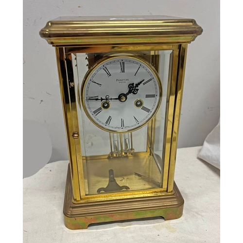 1223 - PHAETON BY ACCTIM GILT METAL & GLASS MANTLE CLOCK, 28CM TALL