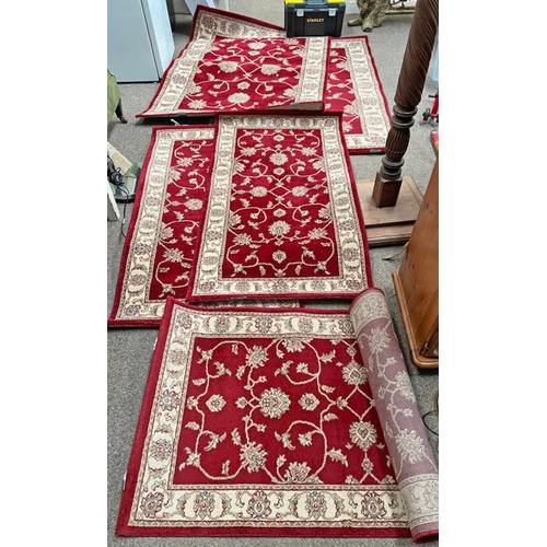 1433 - 5 MATCHING CREAM AND RED CARPETS BY CARPET RIGHT, 166 X 120 CM AND 150 X 76 CM