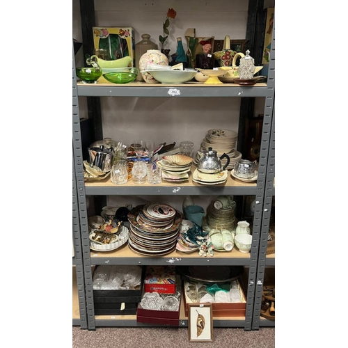 3062 - SELECTION OF ART POTTERY, MEAKIN DINNERWARE, BOXED CRYSTAL GLASSES, KINCAID PLATE, ETC OVER 4 SHELVE... 