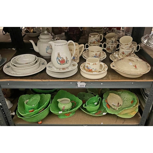 3070 - SELECTION OF ROYAL DOULTON BUNNIKINS, WEDGWOOD MRS TIGGYWINKLE, SELECTION OF CARLTON WARE ON 2 SHELV... 