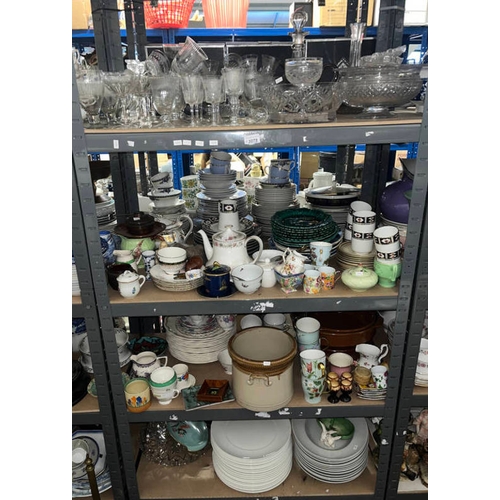 3078 - LARGE SELECTION ART POTTERY, CRYSTAL, PORCELAIN, DINNERWARE ETC OVER 4 SHELVES