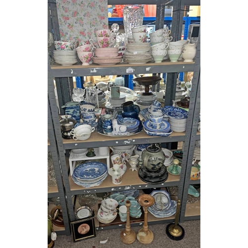 3080 - SELECTION PORCELAIN TEAWARE, BLUE & WHITE WARE, COMMEMORATIVE WARE ETC OVER 4 SHELVES