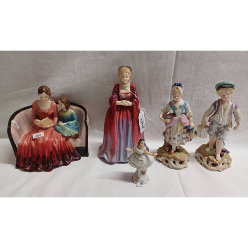 3309 - 2 PARAGON PORCELAIN FIGURES - BEDTIME STORY AND ONE OF A LADY, DRESDEN FIGURE OF A LADY AND 2 OTHER ... 