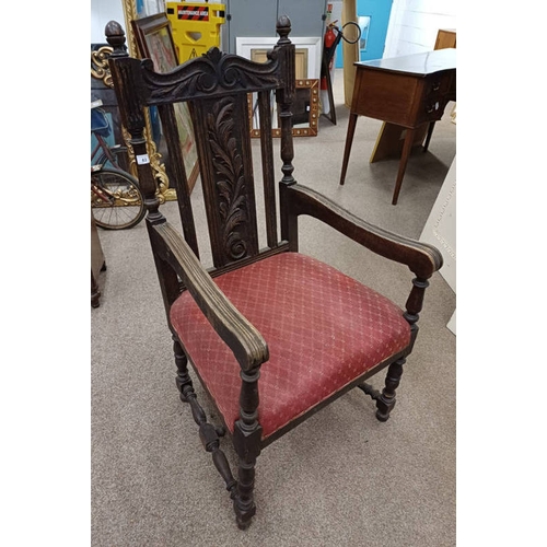 63 - 19TH CENTURY OAK OPEN ARMCHAIR WITH DECORATIVE CARVED BACK ON TURNED SUPPORTS