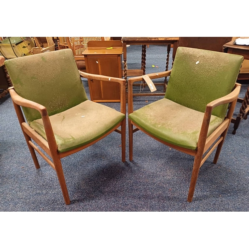 67 - PAIR OF TEAK ARMCHAIRS WITH PADDED BACKS & SEATS