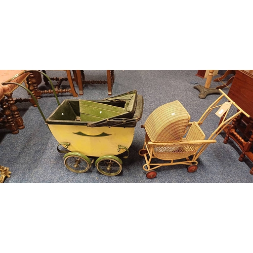 68 - WICKER DOLL'S PRAM & PAINTED WOODEN DOLL'S PRAM