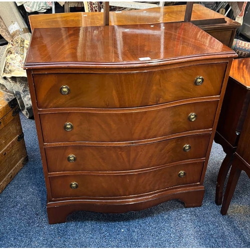 69 - 20TH CENTURY MAHOGANY 4 DRAWER CHEST WITH SERPENTINE FRONT.  83 CM TALL X 78 CM WIDE