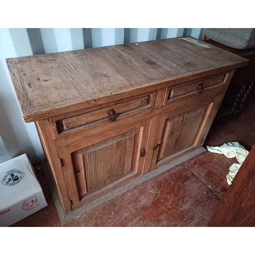 70 - RUSTIC PINE CABINET WITH 2 DRAWERS OVER 2 PANEL DOORS ON PLINTH BASE.  80CM TALL X 120 CM WIDE