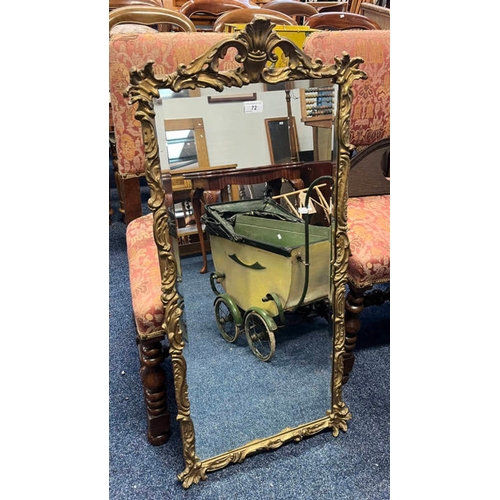 72 - GILT FRAMED RECTANGULAR BEVELLED EDGE MIRROR.  INNER DIMENSION 90CM TALL X 39 CM WIDE