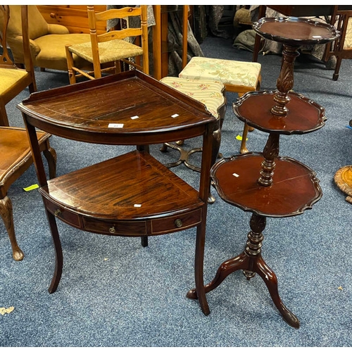 81 - INLAID MAHOGANY CORNER WASHSTAND WITH SINGLE DRAWER & 3 TIER WHAT-NOT