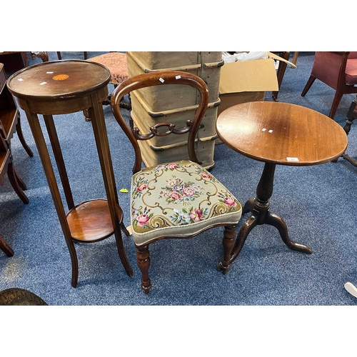 85 - 19TH CENTURY ROSEWOOD BALLOON BACK DINING CHAIR, INLAID MAHOGANY PLANT STAND, ETC - 3 PIECES